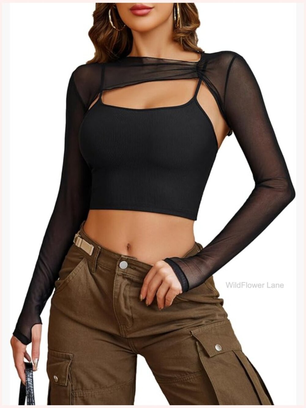 Sexy Long Sleeve Mesh Crop Top with Cami 2 Piece Clubwear Thumb Holes